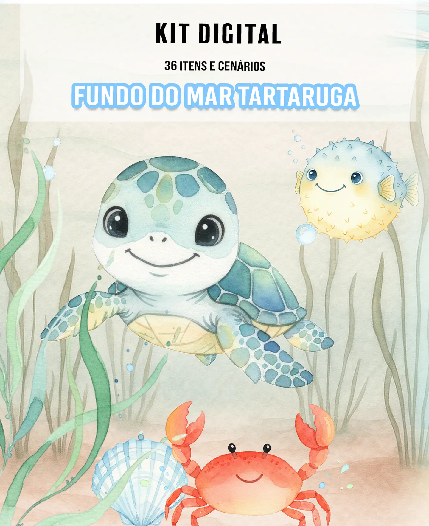 Kit Digital Fundo do Mar Tartaruga Arquivos em Png 1