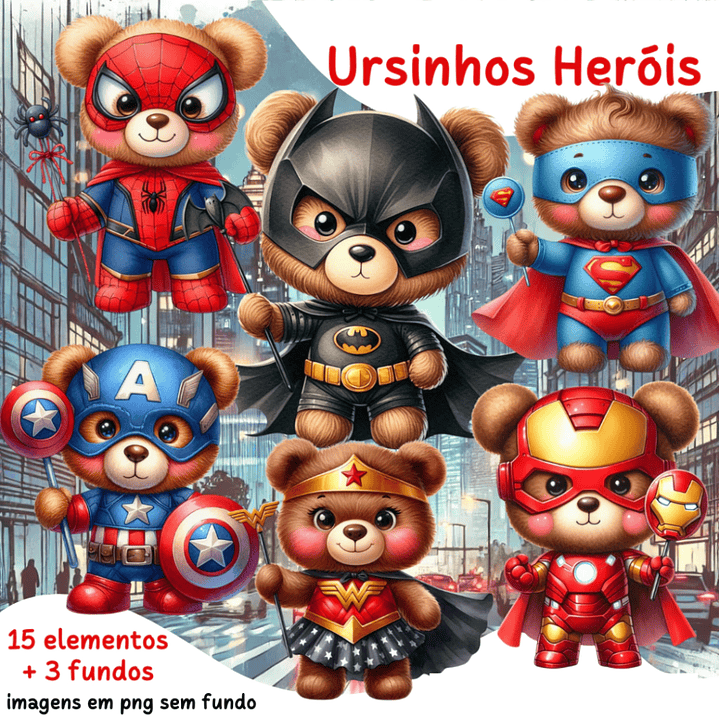 Kit Digital  Ursinhos Heróis Arquivos em Png 1