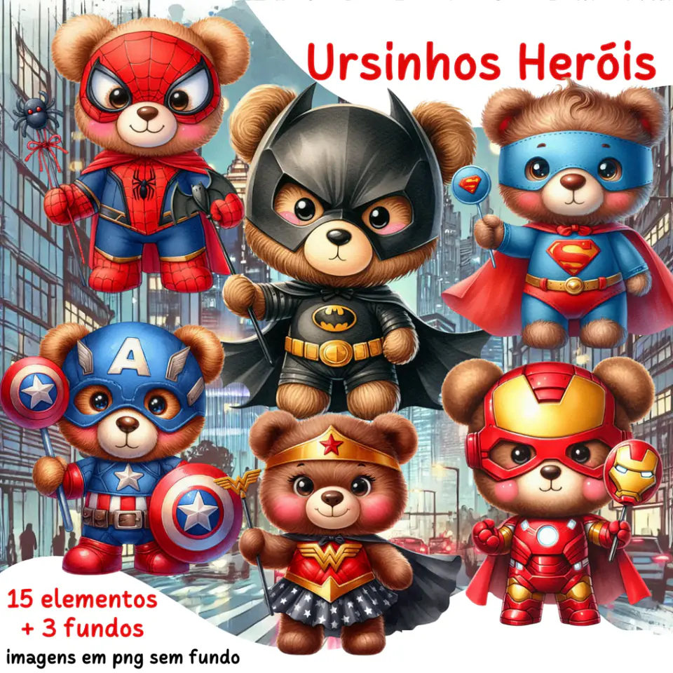 Kit Digital  Ursinhos Heróis Arquivos em Png 1