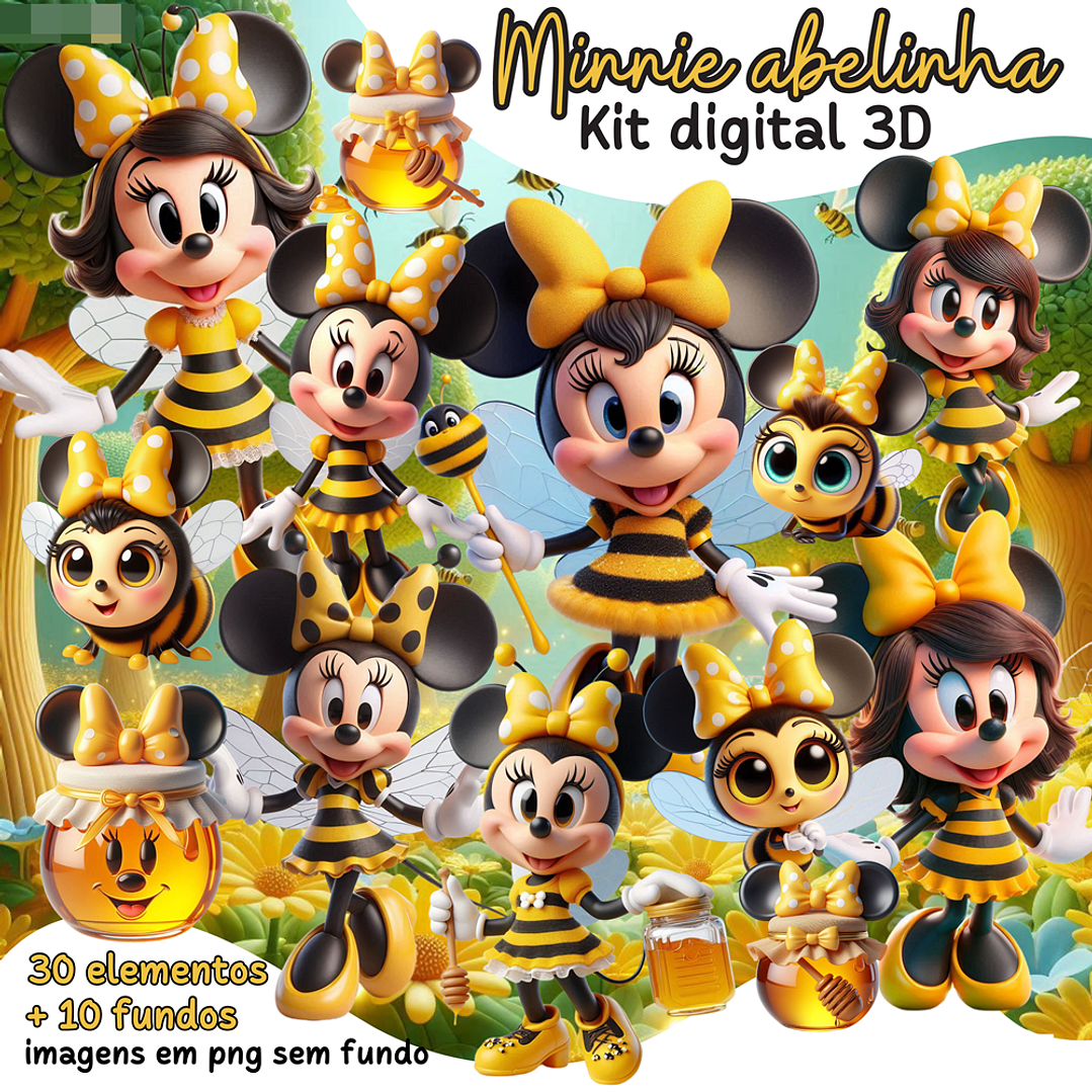 Kit Digital Minnie Abelinha 3D Arquivos em Png 1