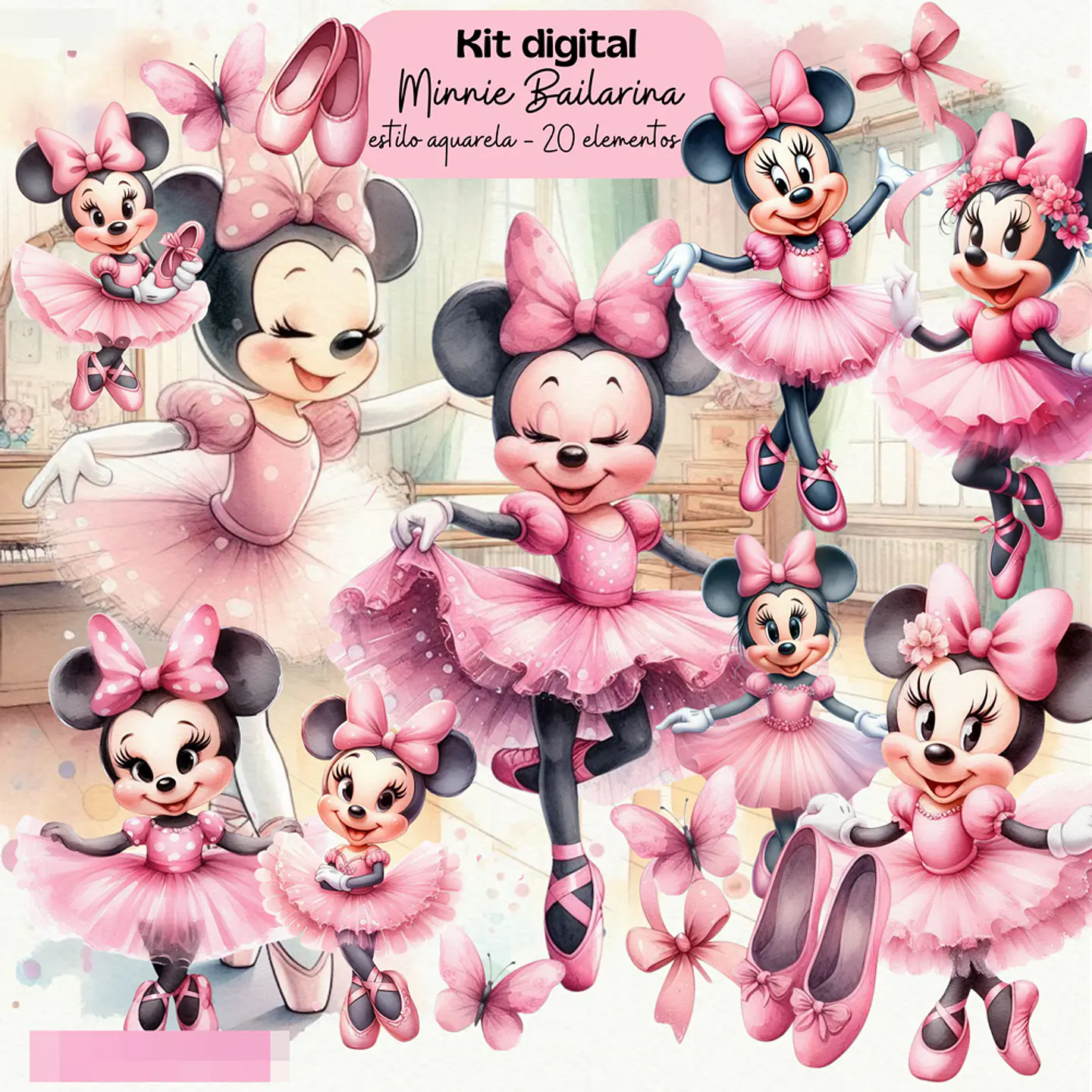 Kit Digital Minnie Bailarina Rosa Aquarela Arquivos em Png 1