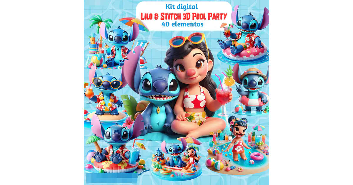 Kit Digital Lilo e Stitch Pool Party 3D Arquivos em Png