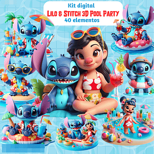 Kit Digital Lilo e Stitch Pool Party 3D Arquivos em Png 