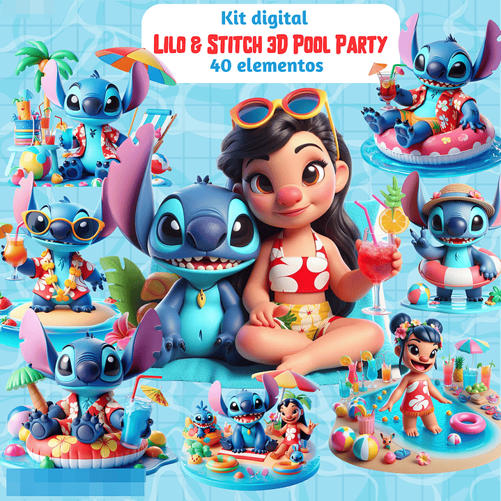 Kit Digital Lilo e Stitch Pool Party 3D Arquivos em Png  1