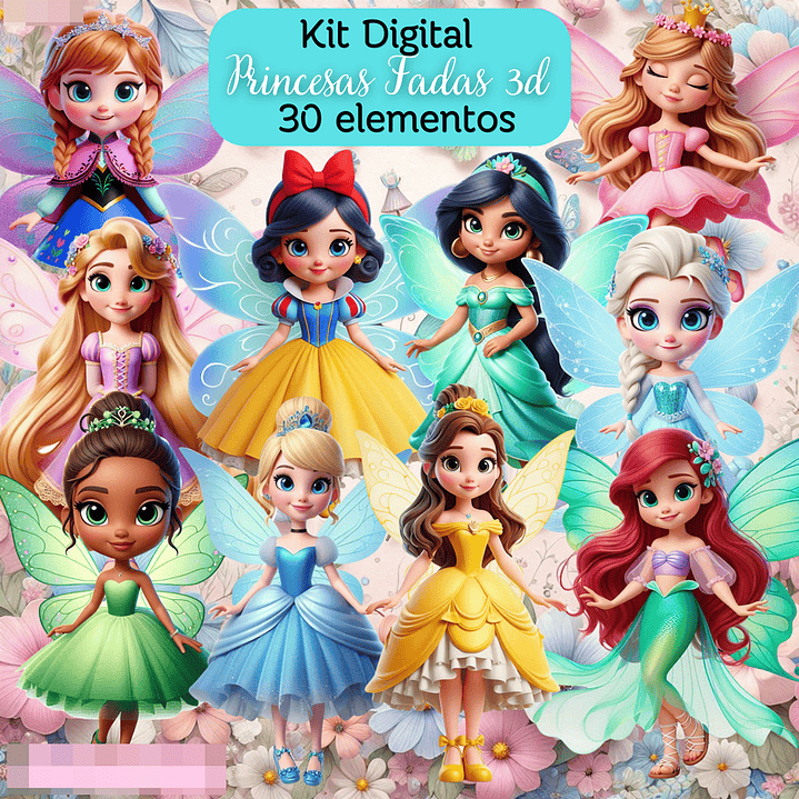 Kit Digital Princesas Fadas 3d Arquivos em Png 1