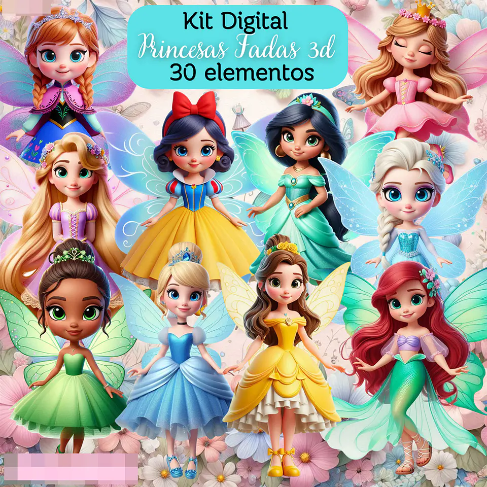 Kit Digital Princesas Fadas 3d Arquivos em Png 1