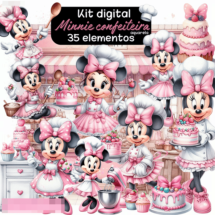 Kit Digital Minnie Confeiteira Aquarela Arquivos em Png 1