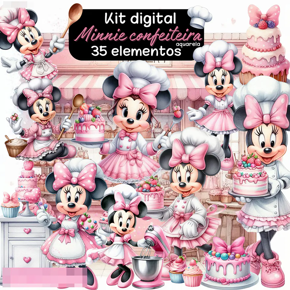 Kit Digital Minnie Confeiteira Aquarela Arquivos em Png 1
