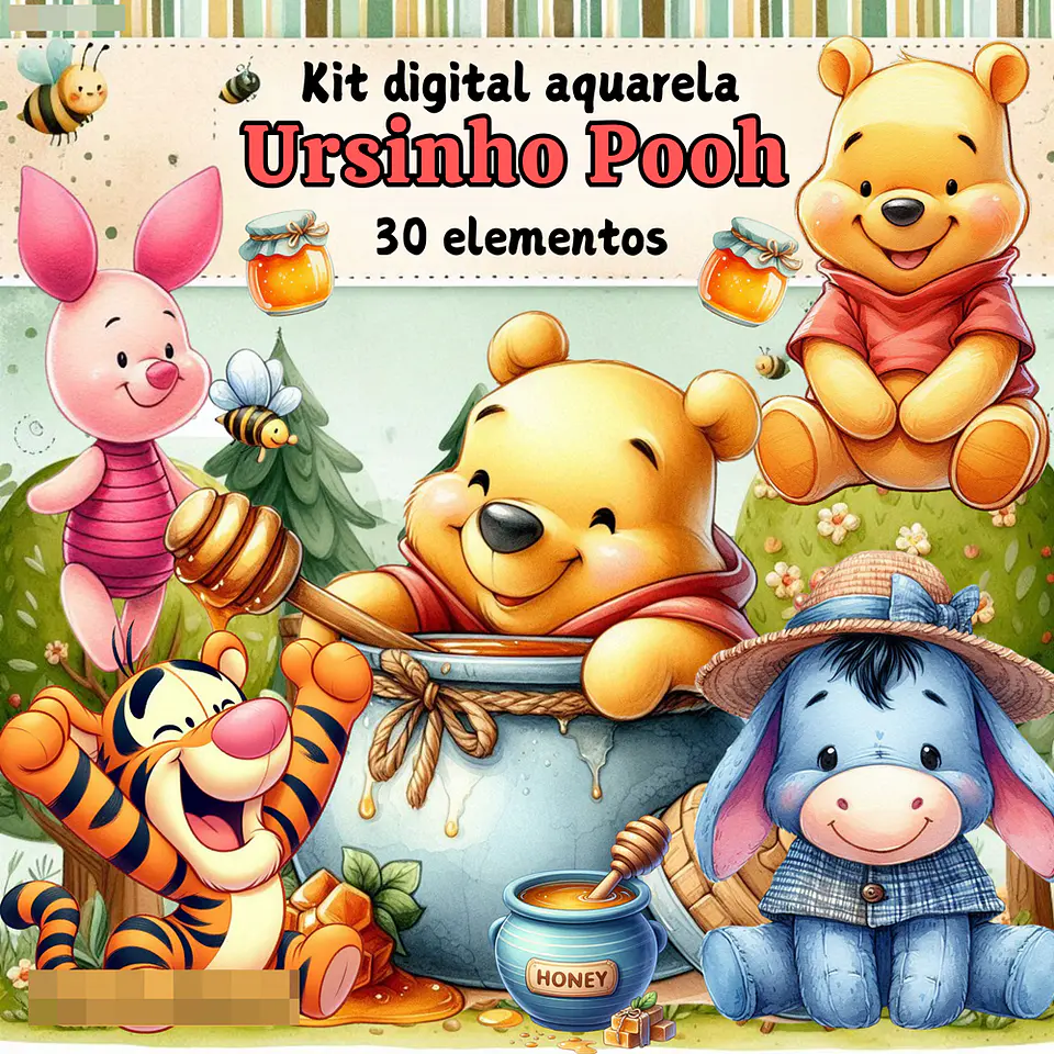 Kit Digital Ursinho Pooh Aquarela Arquivos em Png 1