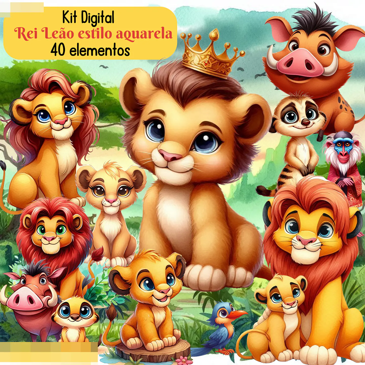 Kit Digital Rei Leão Aquarela Arquivos em Png 1