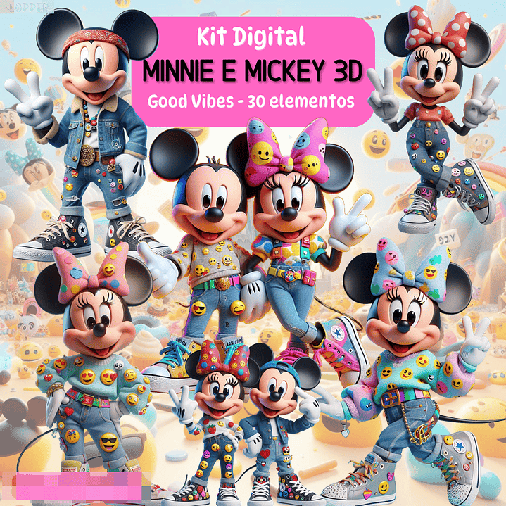 Kit Digital Minnie e Mickey Good Vibes 3D Arquivos em Png 1