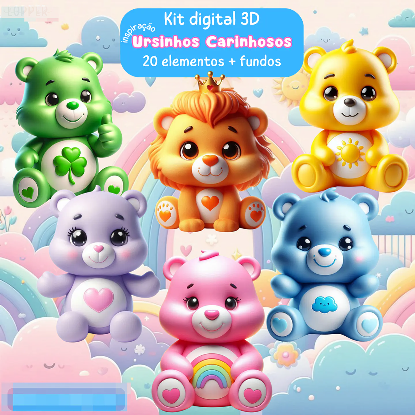 Kit Digital Ursinhos Carinhosos 3D Arquivos em Png 1