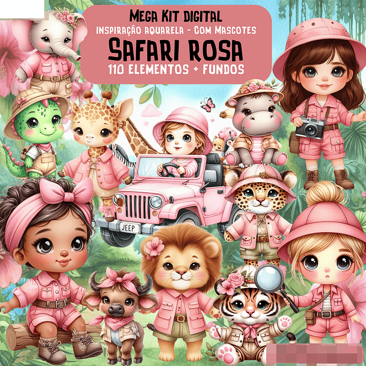 Kit Digital Safari Rosa Aquarela Arquivos em Png 1