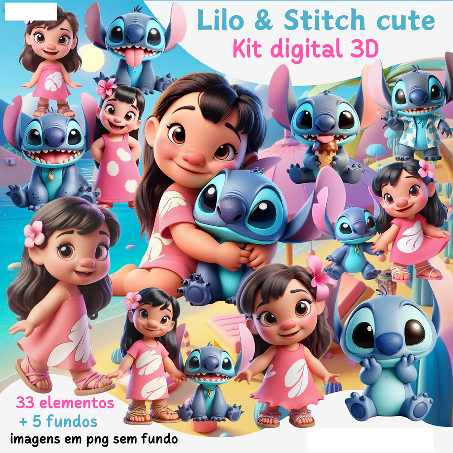 Kit Digital  Lilo & Stitch cute 3D Arquivos em Png 1