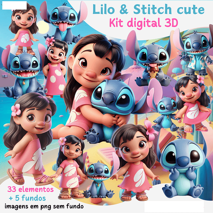 Kit Digital  Lilo & Stitch cute 3D Arquivos em Png 1