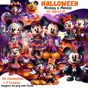 Kit Digital Halloween Mickey e Minnie 3D Arquivos em Png