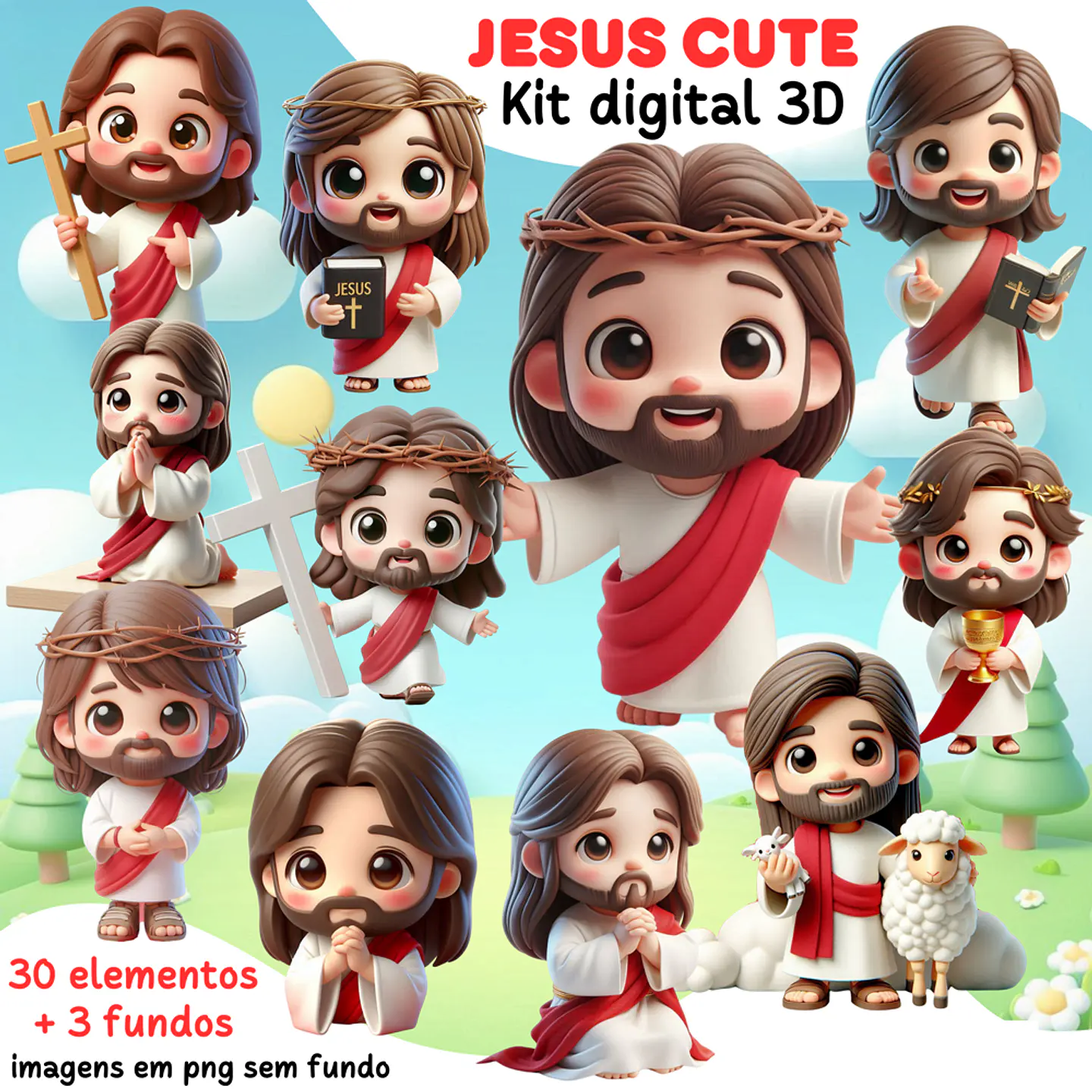 Kit Digital Jesus Cute 3D Arquivos em Png 1
