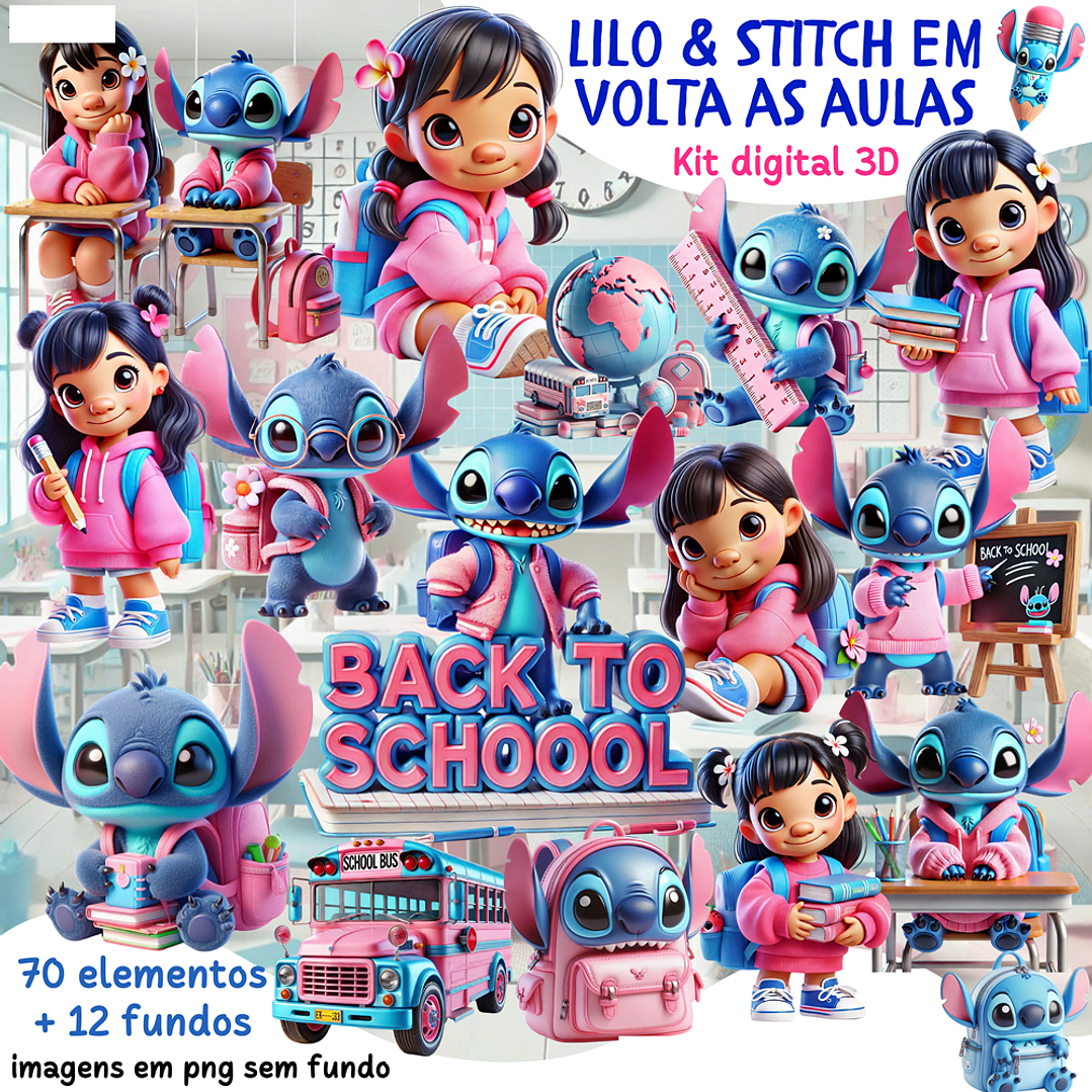Kit Digital Lilo & Stitch em volta as aulas Arquivos em Png 1