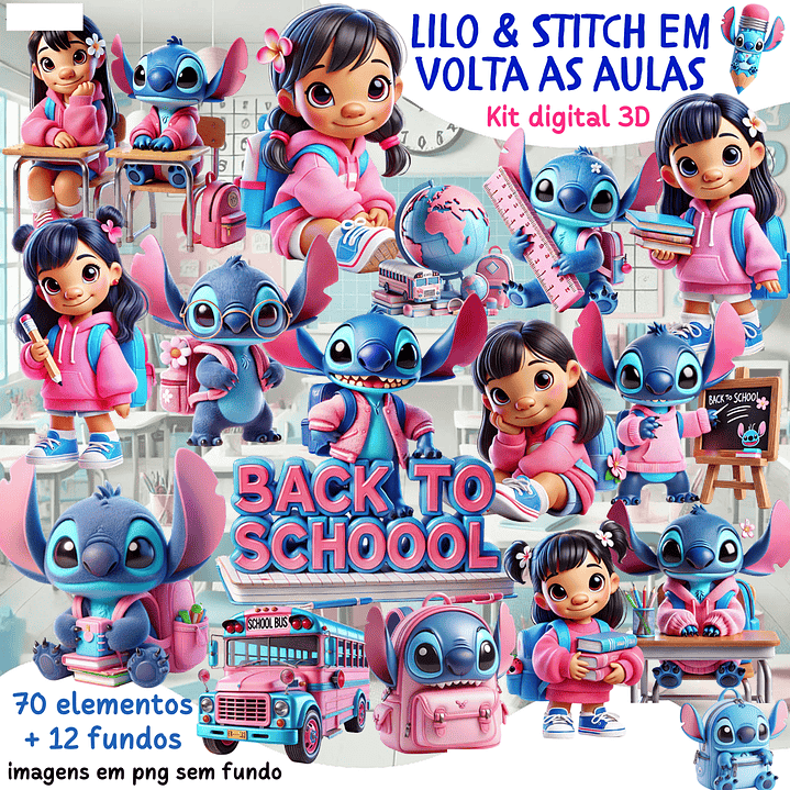 Kit Digital Lilo & Stitch em volta as aulas Arquivos em Png 1