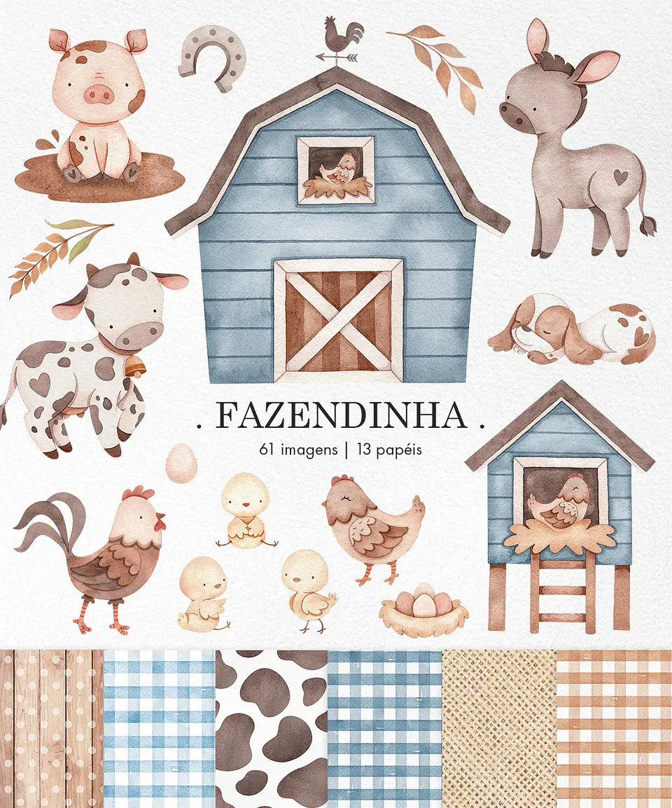 Kit Digital Fazendinha Azul Aquarelado Arquivos em Png 1