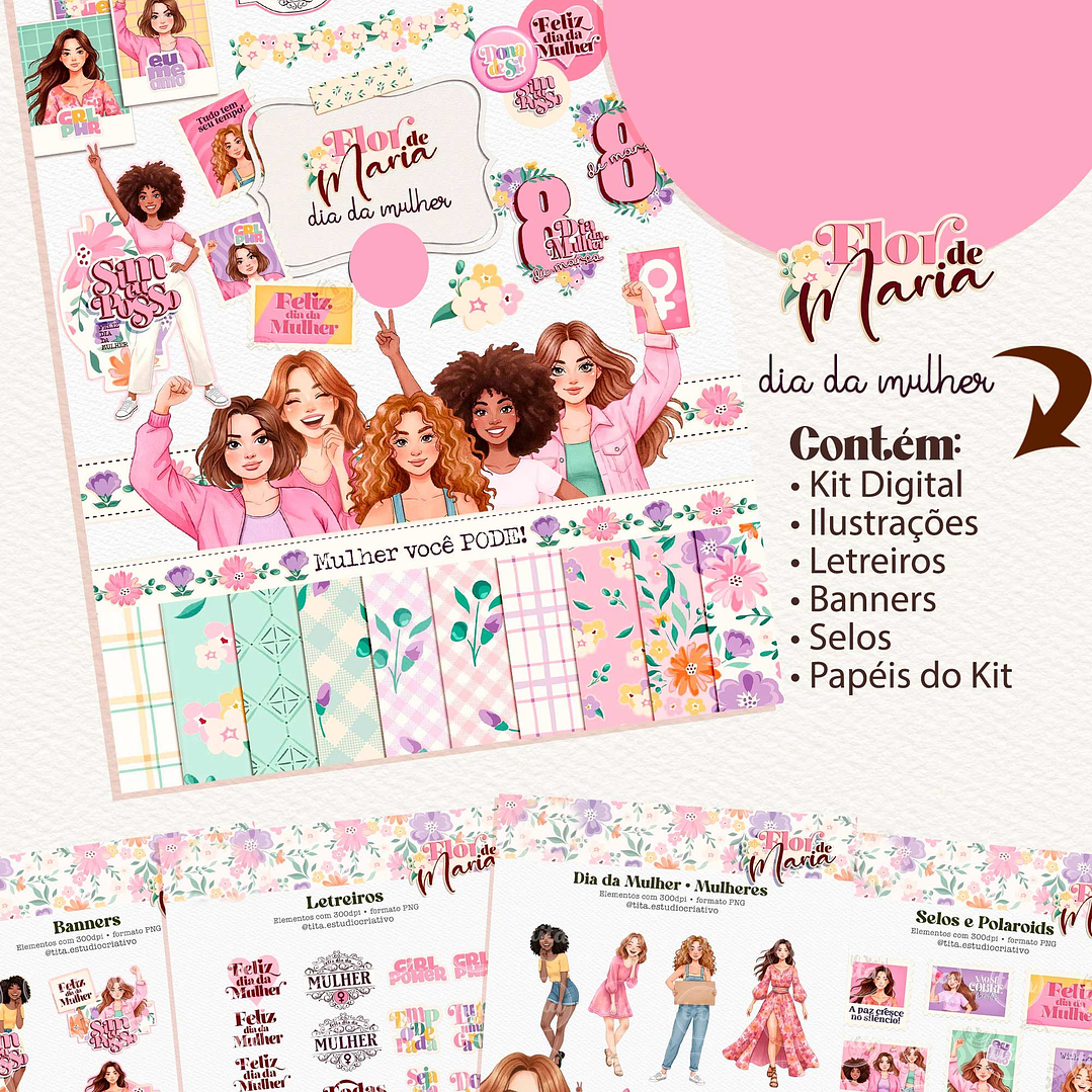Kit Digital Flor de Maria Dia das Mulheres Arquivos em Png 1