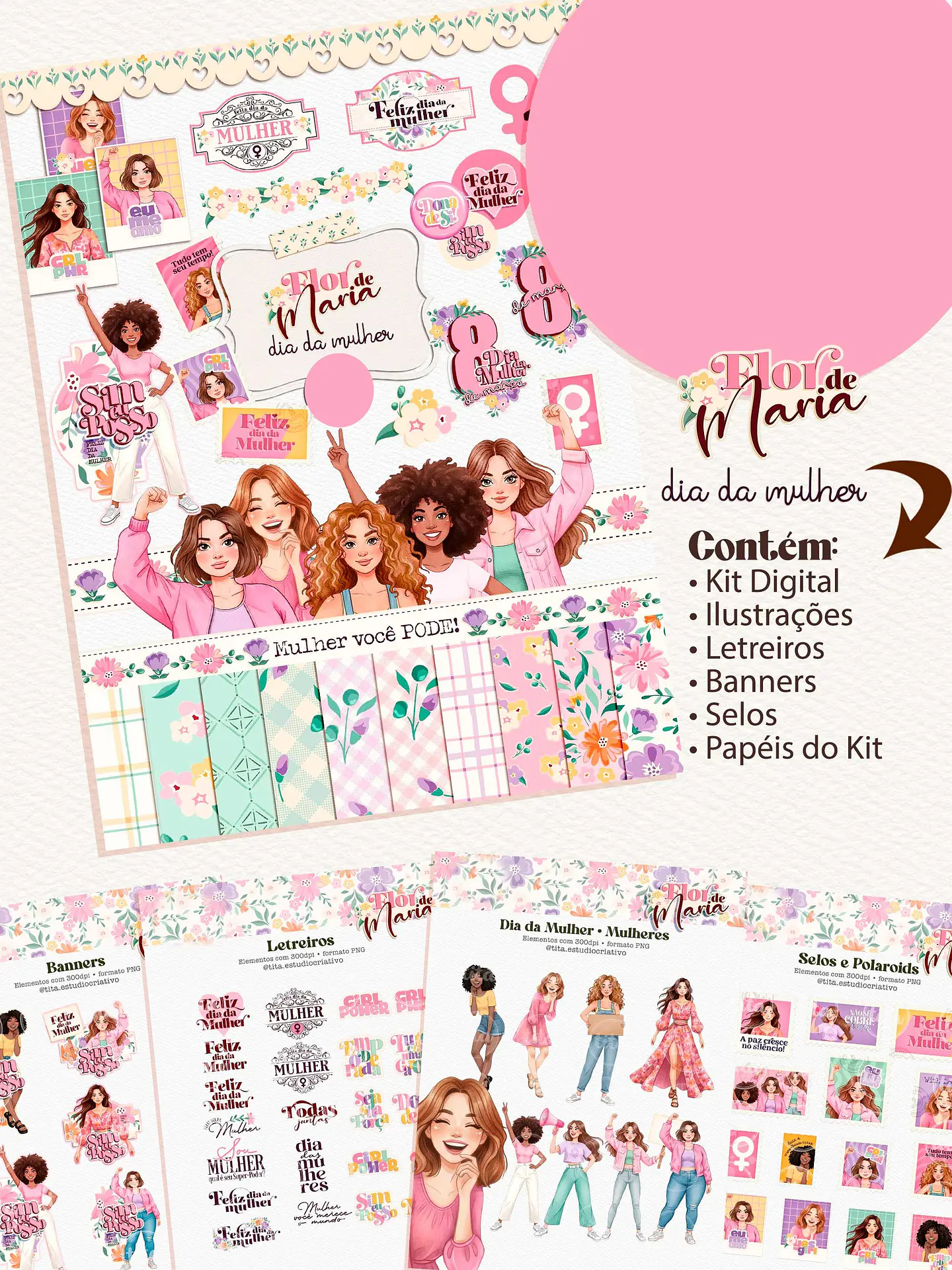 Kit Digital Flor de Maria Dia das Mulheres Arquivos em Png 1