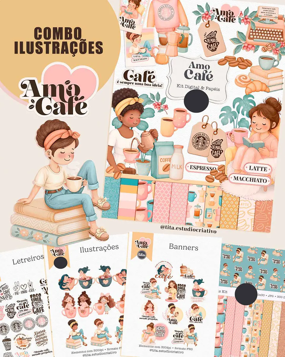 Kit Digital Amo Café Aquarelado Arquivos em Png  1