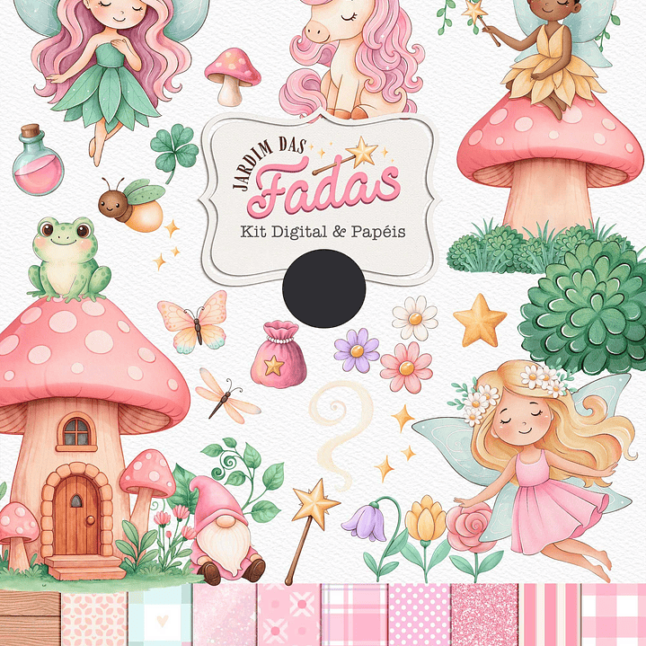 Kit Digital Jardim das Fadas Aquarelado Arquivos em Png 1