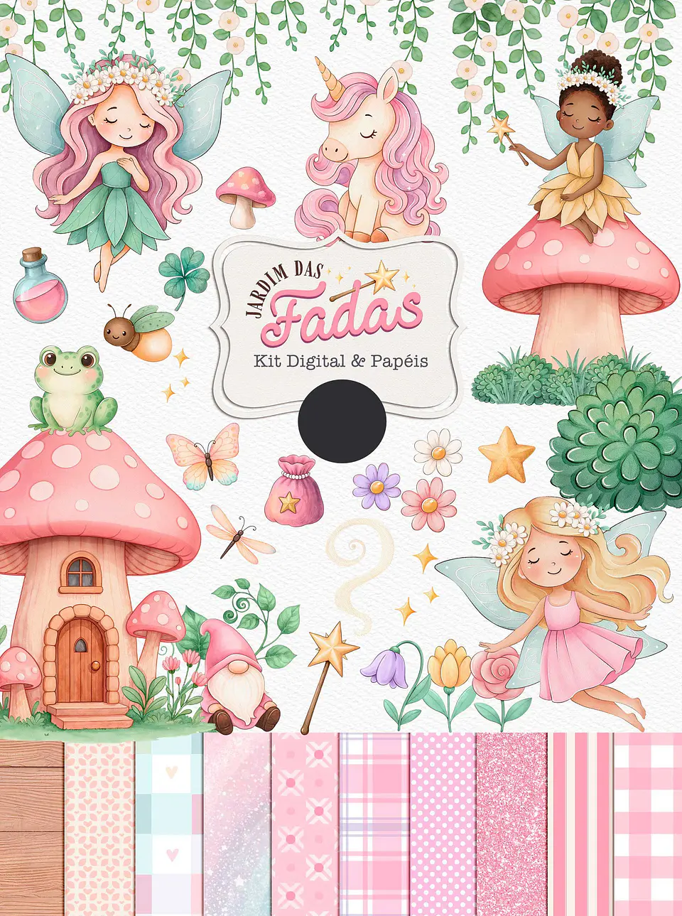 Kit Digital Jardim das Fadas Aquarelado Arquivos em Png 1