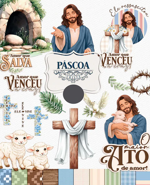 Kit Digital Mega combo Páscoa Cristã e Coelhinhos e Printables Aquarelado Arquivos em Png