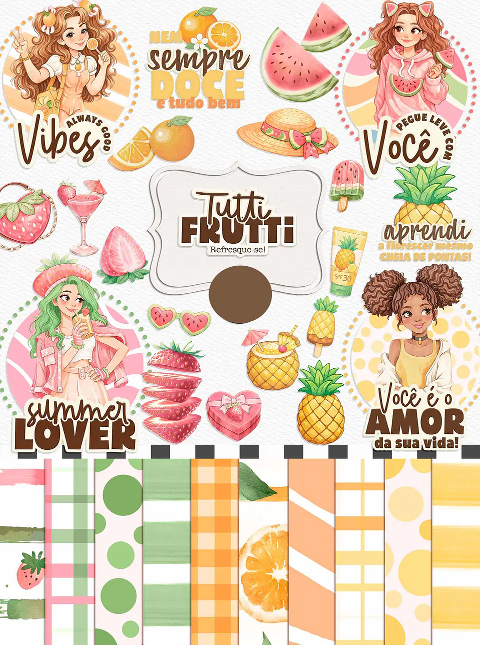 Kit Digital Mulheres Tutti Fruti Meninas Frutinhas Aquarelado Arquivos em Png 1