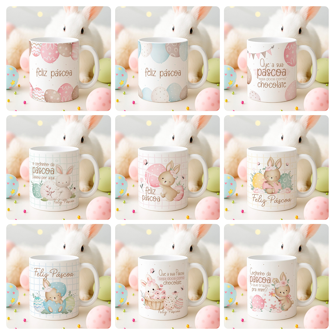 15 Artes para Canecas Páscoa Delicada Coelhos Arquivo Editável  11