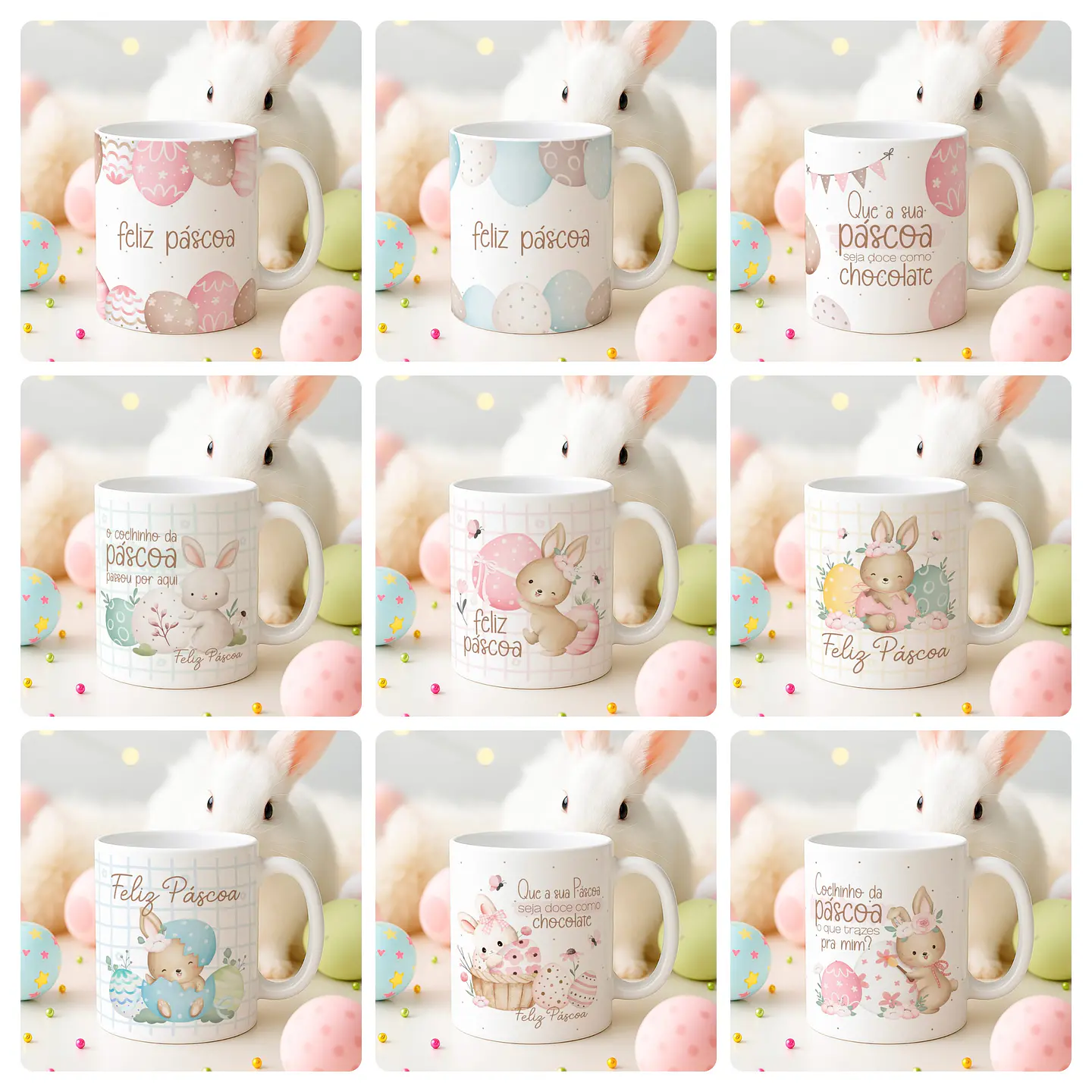 15 Artes para Canecas Páscoa Delicada Coelhos Arquivo Editável  11
