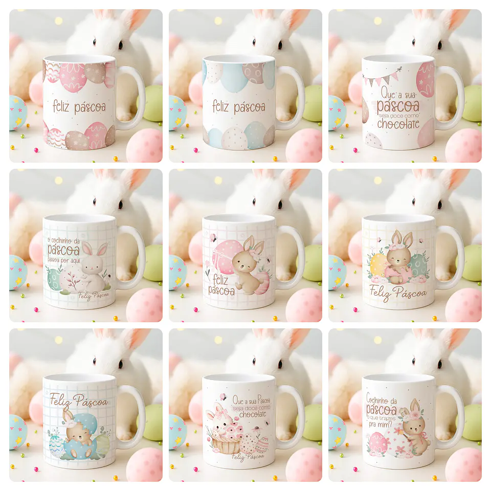 15 Artes para Canecas Páscoa Delicada Coelhos Arquivo Editável  11