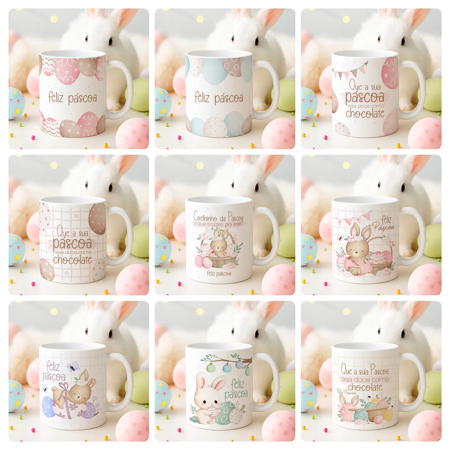 15 Artes para Canecas Páscoa Delicada Coelhos Arquivo Editável  12