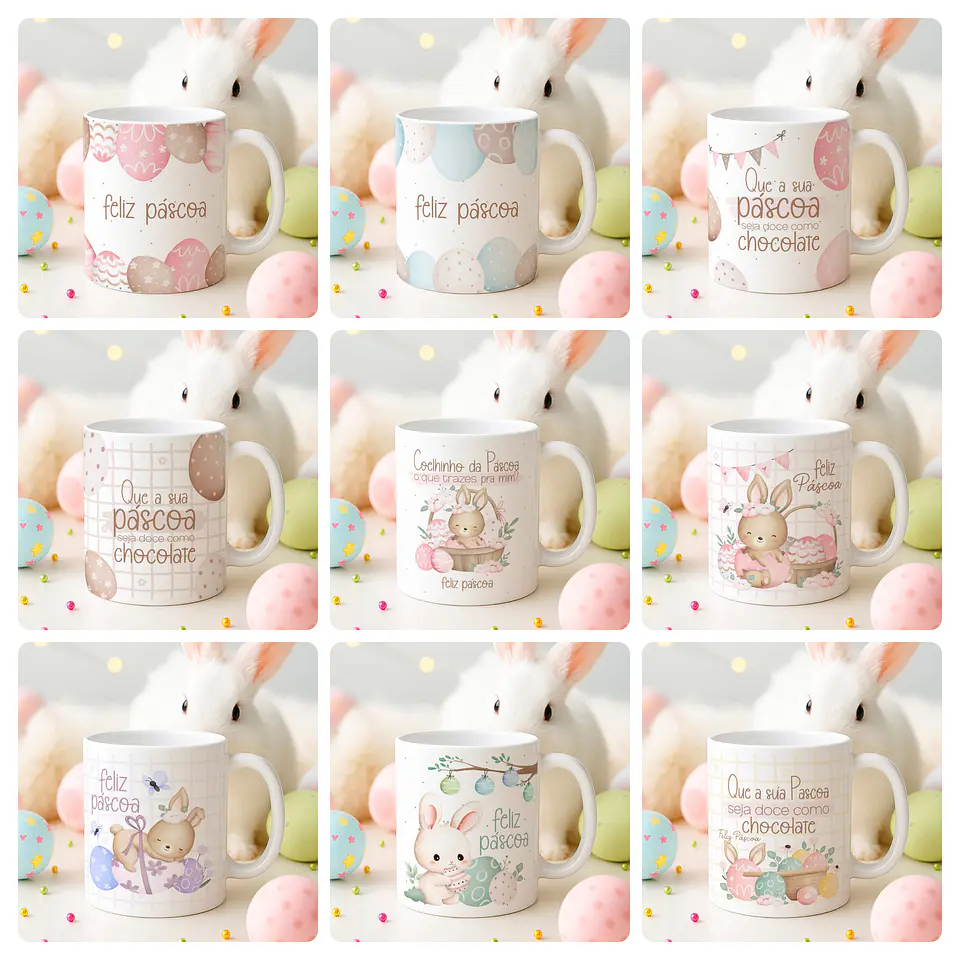 15 Artes para Canecas Páscoa Delicada Coelhos Arquivo Editável  12