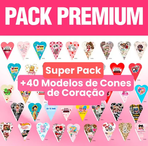Pack Premium + 50 Moldes de Cones de Coração Páscoa Namorados Dia das Mulhers Arquivo em Pdf 