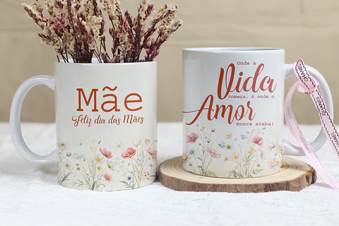 4 Artes para Caneca Dia das Mães Floral Arquivo Editável