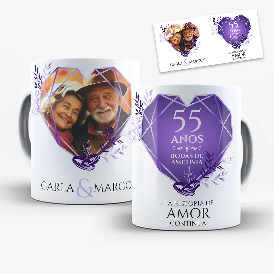 Arte para Caneca Bodas de Ametista 55 Anos de Casamentos Arquivo Editável 1