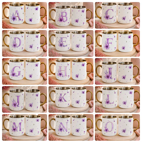 26 Artes para Caneca Alfabeto Lilás Aquarelado Arquivo em Png
