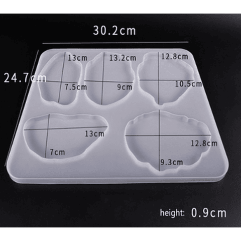 Molde de silicona cinco posavasos, bordes irregulares, liso.