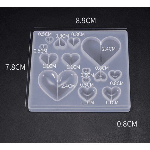 Molde de silicona catorce corazones mixtos, pequeño, planos y curvos.