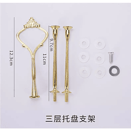 Pack de piezas de unión metálicas doradas, soporte central, para armar exhibidor de tres niveles bandejas.