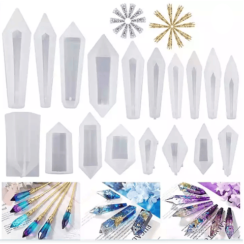 Set de 18 moldes cristales, gemas, diamantes + conos terminación metálicos. 