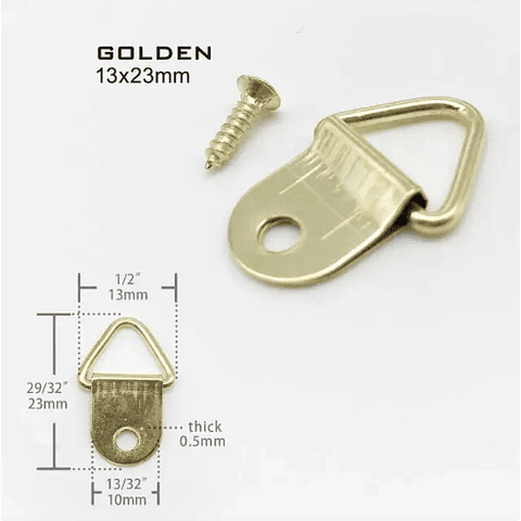 Colgador/gancho metálico en triángulo (D), 1 cm, dorados, 3 unidades.