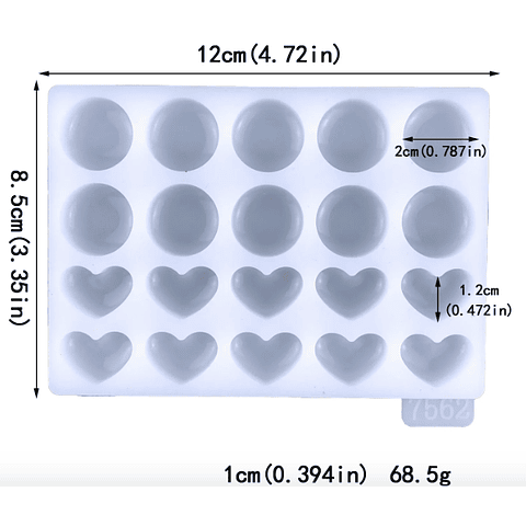 Molde de silicona 10/10 diez SEMIESFERAS, diez CORAZONES.