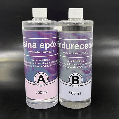 Resina epóxica cristal de litro 1000ml (500ml cada botella), proporción 1:1 volumétrica, libre de VOC, libre de BPA.