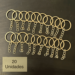 Argollas llavero 20 unidades Doradas con cadena, 2cm diámetro.