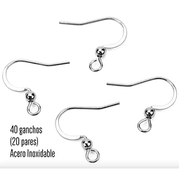 Ganchos para aros/pendientes acero inoxidable, 20 pares (40 piezas), 15mm, Hipoalergénicos. PLATEADOS