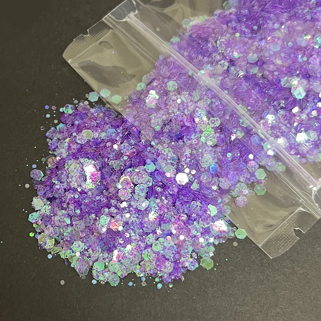 Shunky glitter iridiscente grueso, 15g, MORADO reflejos verde.  1